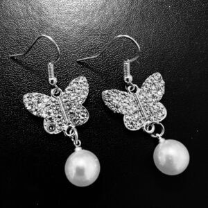 Silver Crystal Butterfly Pearl Earrings NEW